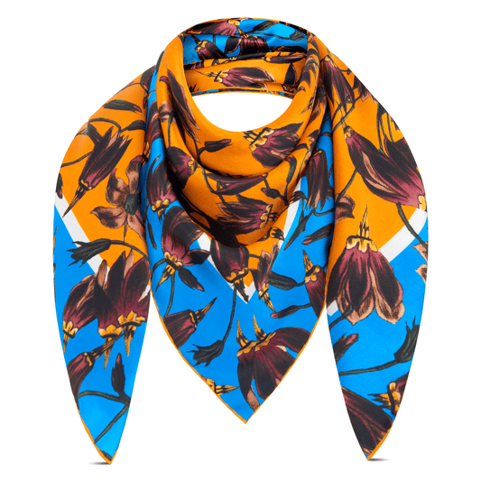 BAPTISTE Scarves Saffron / Blue / Square Scarf / 85cm x 85cm | 33.45 in x 33.45 in Pasque Print Silk Satin Scarf - Saffron