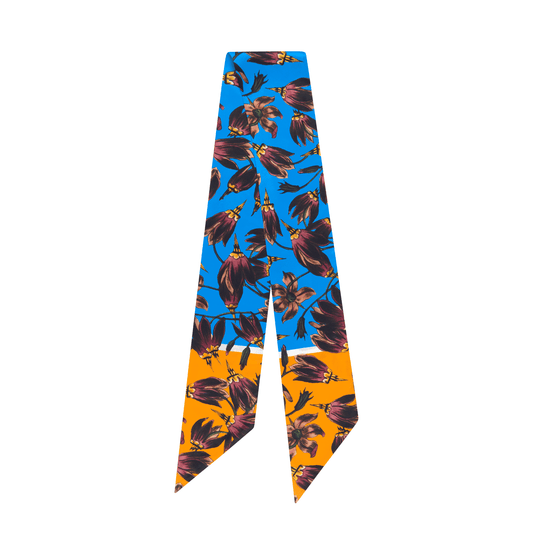 BAPTISTE Scarves Saffron / Blue / Twilly Scarf / 130cm x 10cm | 51 in x 3.9 in Pasque Print Silk Satin Twilly - Blue