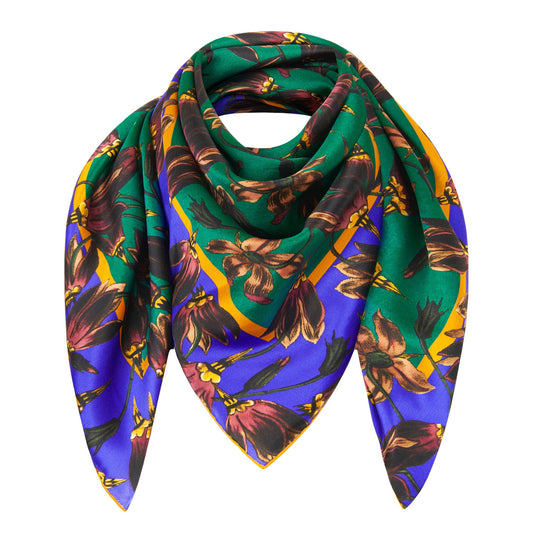 BAPTISTE Scarves Saffron / Green / Square Scarf / 85cm x 85cm | 33.45 in x 33.45 in Pasque Print Silk Satin Scarf - Green